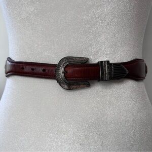 Vintage Western Style Brown Leather Belt with Silver Tone Buckle Size 30
